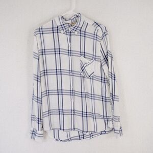 Woolrich Large Blue White Plaid Cotton Flannel Long Sleeve Collored Button Front
